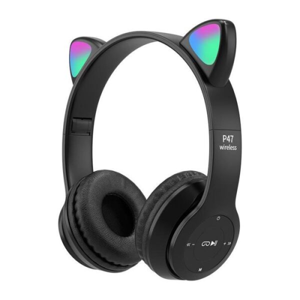 Casque Bluetooth Oreilles de Chat P47M avec Jeu de Lumière Noir