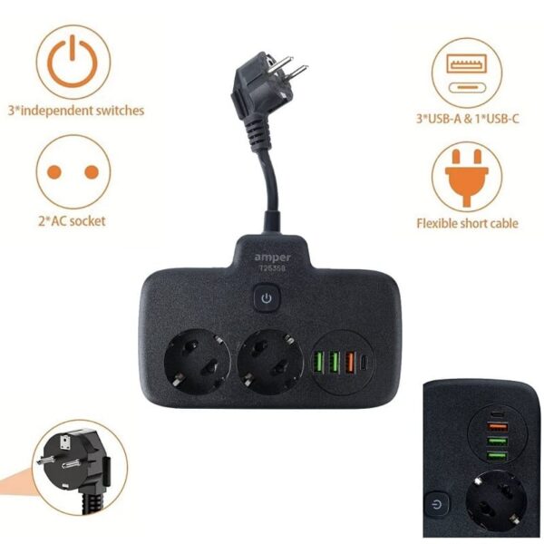 Multiprise Intelligent 6EN1 – 2 Port Prises CA – 3 USB – 1 TYPE C – Anti-Surtension Avec Interrupteur