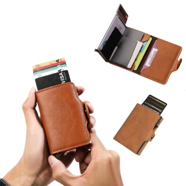 Portefeuille 2 en 1 Intelligent en Cuir Pour Cartes De Crédit – billets de banque – Métal Fin pour Homme – Pliable – Marron