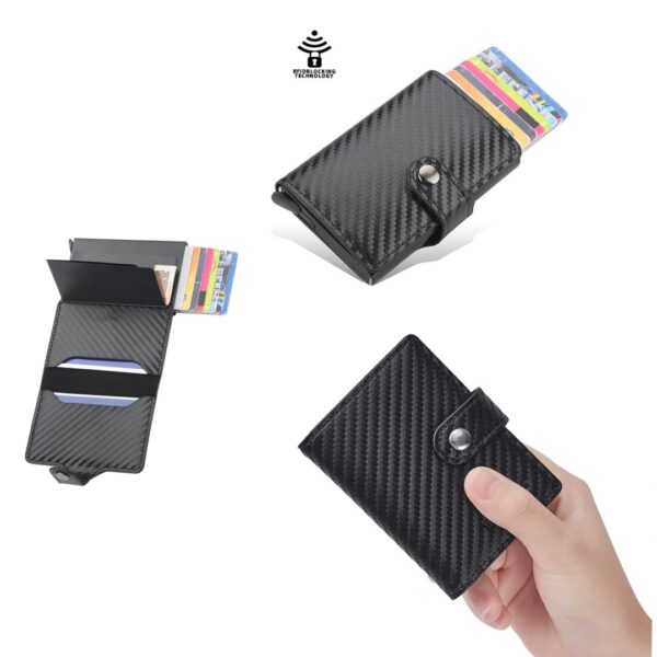 Mini Portefeuille Intelligent à trois volets - Fibre de Carbone et Cuir - 5 cartes - 3 Compartiments Pour Billets