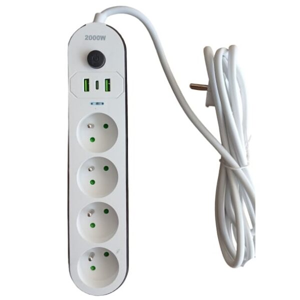 Multiprise avec 4 Prises & 2 Ports USB & Port USB-C