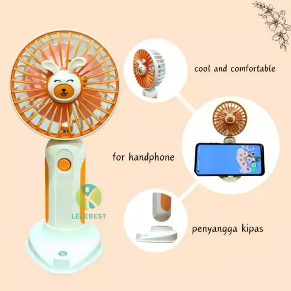 Mini Ventilateur Électrique Portable - Rechargeable Par USB - Lumière LED - Support Téléphone - Orange