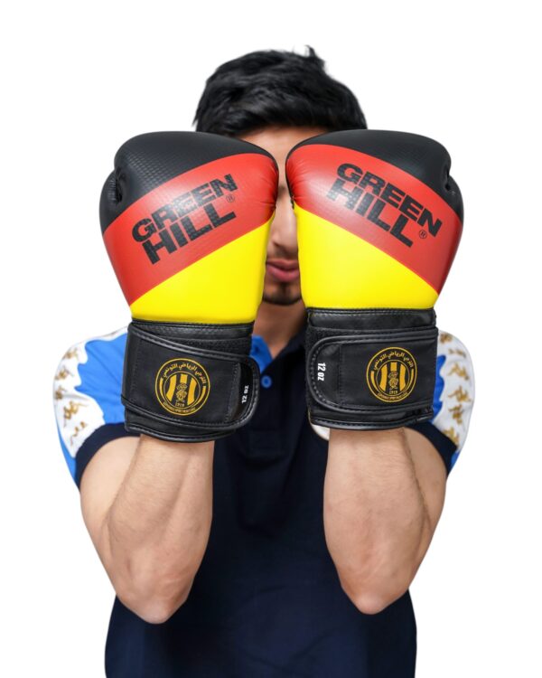 Green Hill Gants de Boxe EST Noir avec Détails Rouge et Jaune