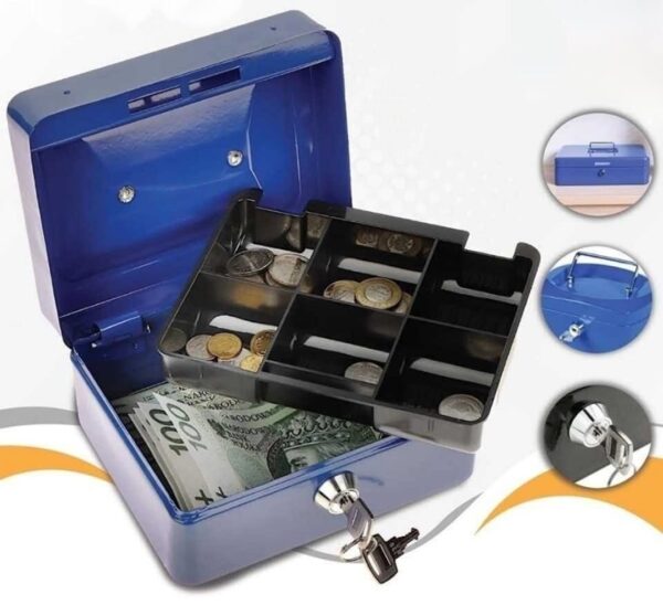 Métal Cach Box – Caisse à Monnaie – Coffre Fort + 2 Clés – 200*160*90 mm – Bleu