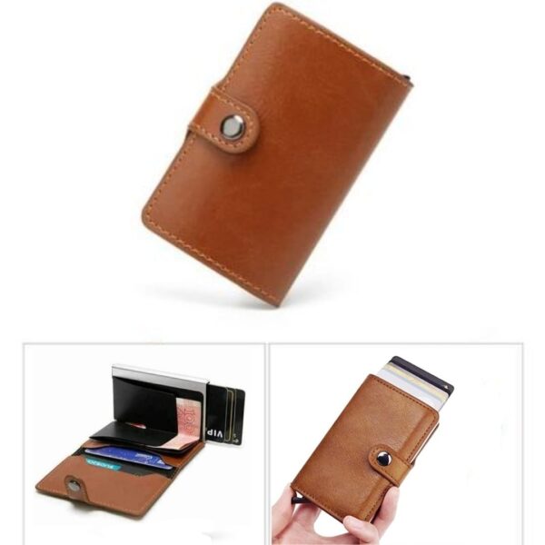 Mini Portefeuille Intelligent À Trois Volets – Fibre de Carbone et Cuir – 5 cartes – 3 Compartiments Pour Billets - Beige