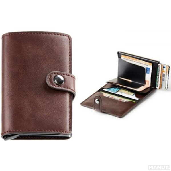 Mini Portefeuille Intelligent À Trois Volets – Fibre de Carbone et Cuir – 5 cartes – 3 Compartiments Pour Billets - Marron