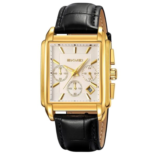 Montre De luxe SKMEI – Unisexe – Acier Inoxydable – Bracelet en Cuir Véritable – Résistante à L’eau – Fonction Analogique – Gold