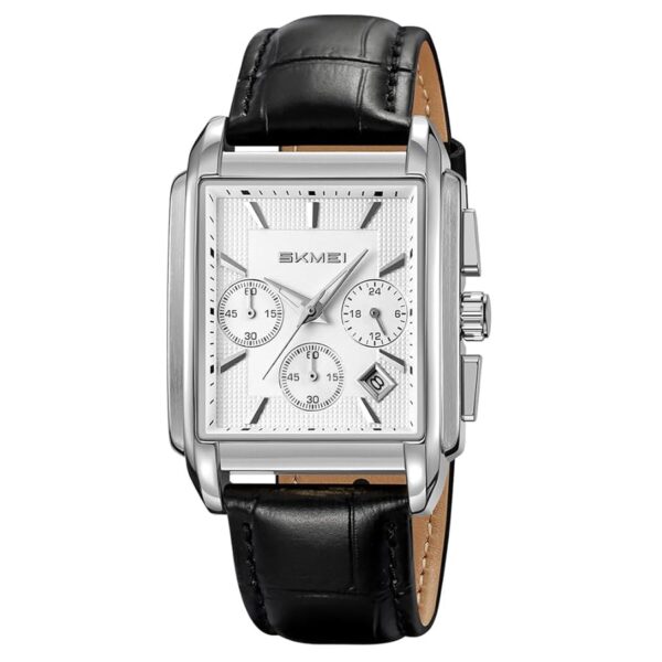 Montre De luxe SKMEI – Unisexe – Acier Inoxydable – Bracelet en Cuir Véritable – Résistante à L’eau – Fonction Analogique – Argent