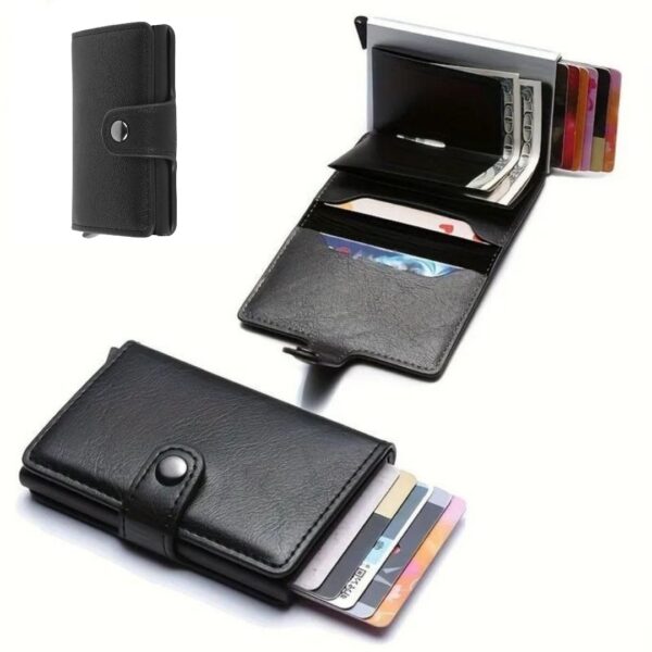Mini Portefeuille Intelligent À Trois Volets – Fibre de Carbone et Cuir – 5 cartes – 3 Compartiments Pour Billets Noir