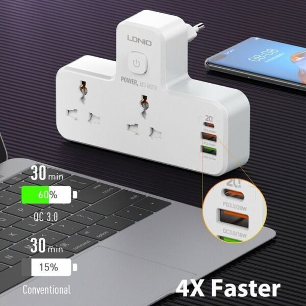 Multiprises Ldnio SC2311 - 1 Port USB-C, 2 Ports USB-A - 2 Prises De Courant - 1 Bort QC3.0 20 W - Blanc